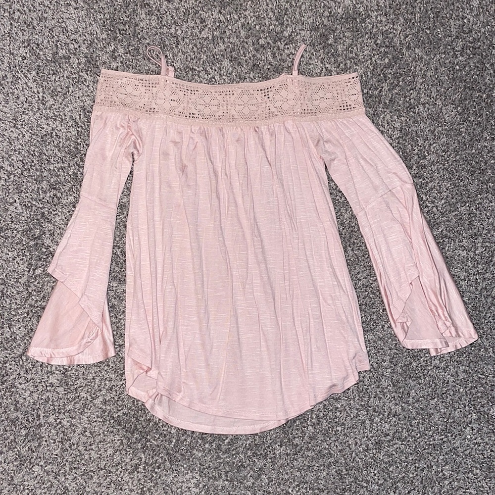 Light pink strapless, flowy blouse